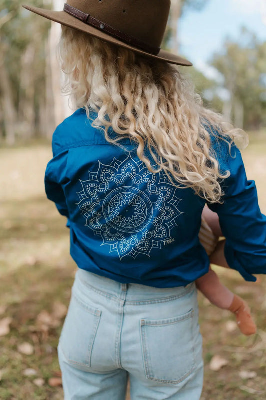 Blue work shirt featuring a Mandala design on the back.