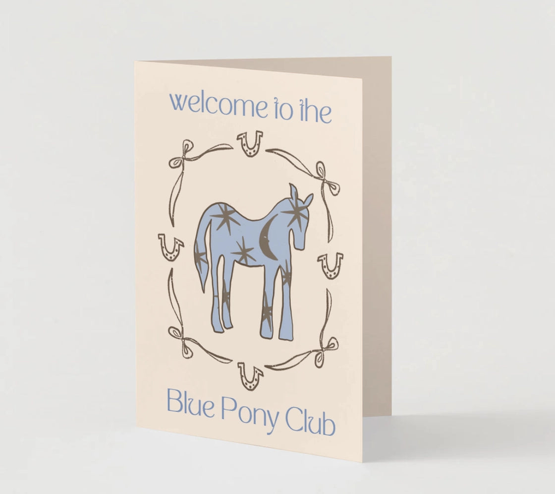 Greeting card with a blue pony illustration and text on a beige background