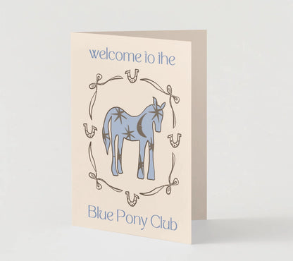 Greeting card with a blue pony illustration and text on a beige background