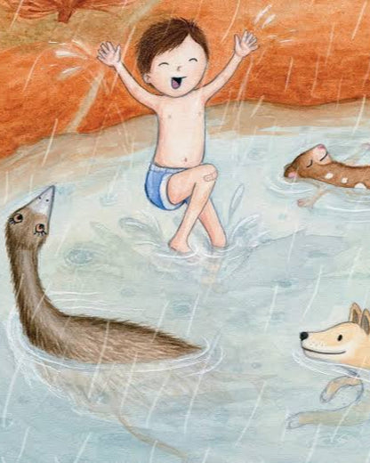 Illustration of a child playing in water with animals, surrounded by raindrops.