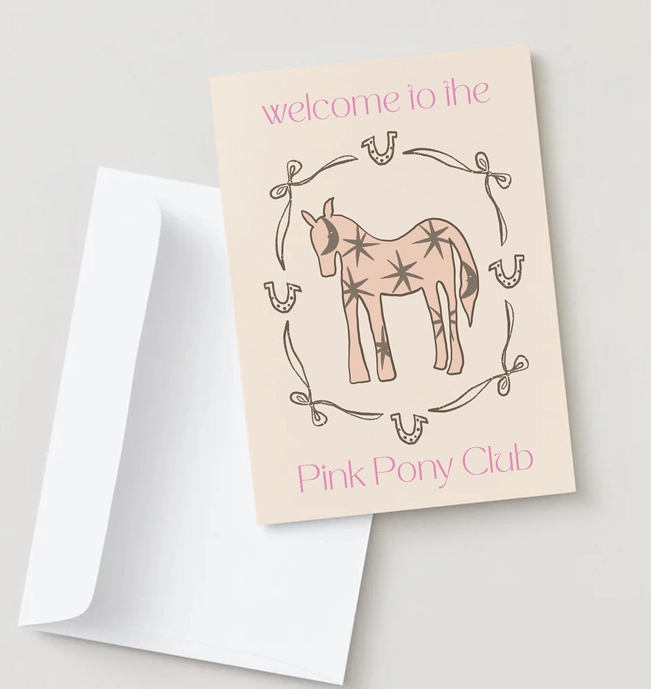 Card with a pink pony illustration and 'Pink Pony Club' text on a light gray background