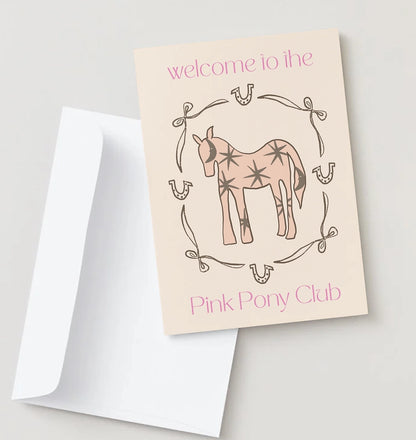 Card with a pink pony illustration and 'Pink Pony Club' text on a light gray background