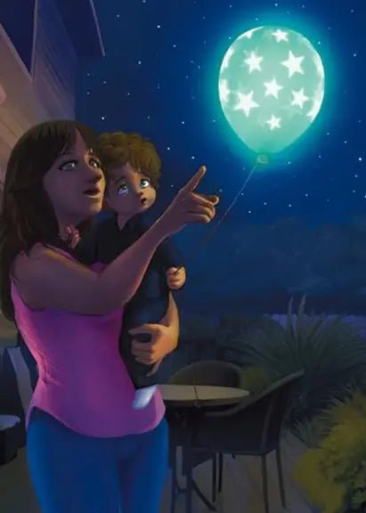 Woman and child looking at a glowing balloon with stars against a night sky.