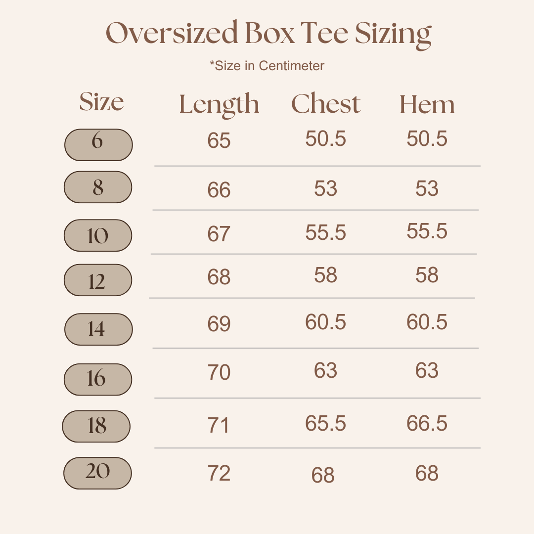 A size chart titled 'Oversized Box Tee Sizing' showing measurements in centimeters for sizes 6 through 20, with columns for Length, Chest, and Hem on a light beige background.