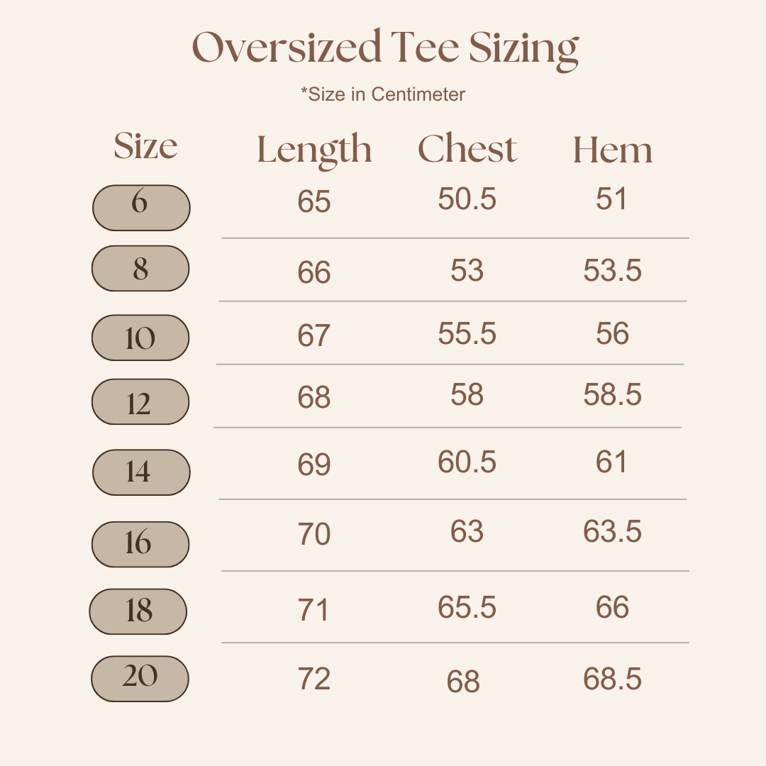 A size chart titled 'Oversized Box Tee Sizing' showing measurements in centimeters for sizes 6 through 20, with columns for Length, Chest, and Hem on a light beige background.