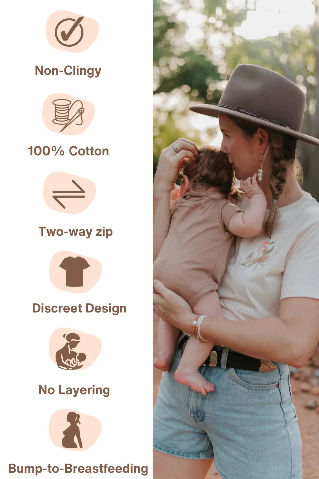 Mum holding baby with product features on left.