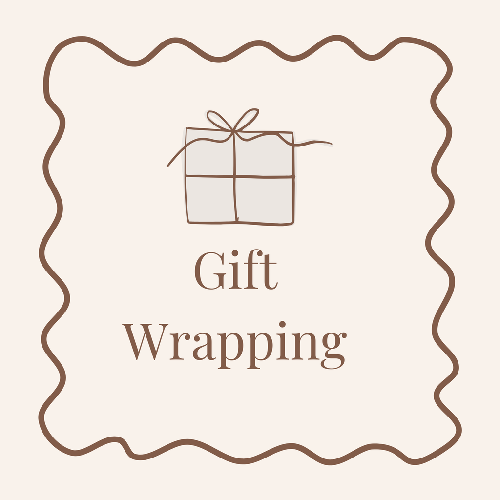Gift wrapping service logo with a stylized gift box and text on a beige background