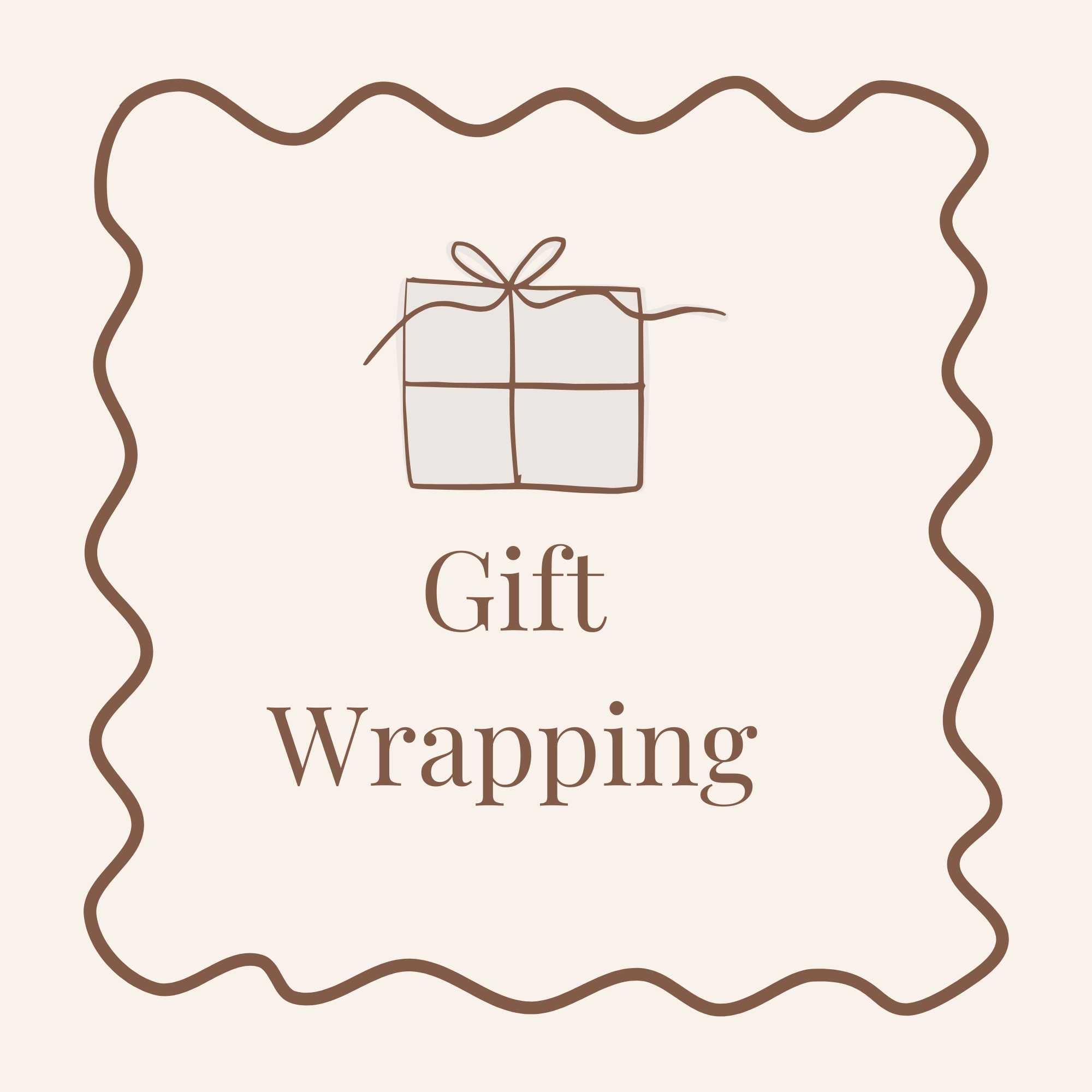 Gift wrapping service logo with a stylized gift box and text on a beige background