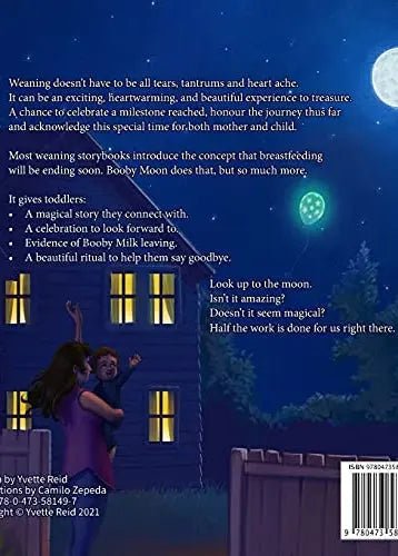 Bookback with text and illustration of a woman and child looking at the moon.