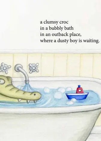 Illustration of a clumsy crocodile in a bathtub with bubbles and a toy boat, with text above.
