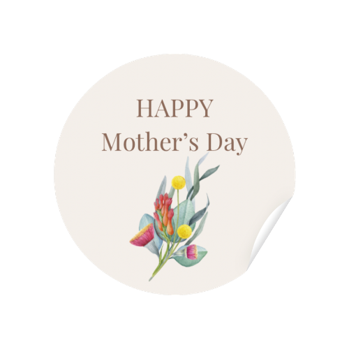 Round sticker with 'Happy Mother's Day' text and floral design on a white background