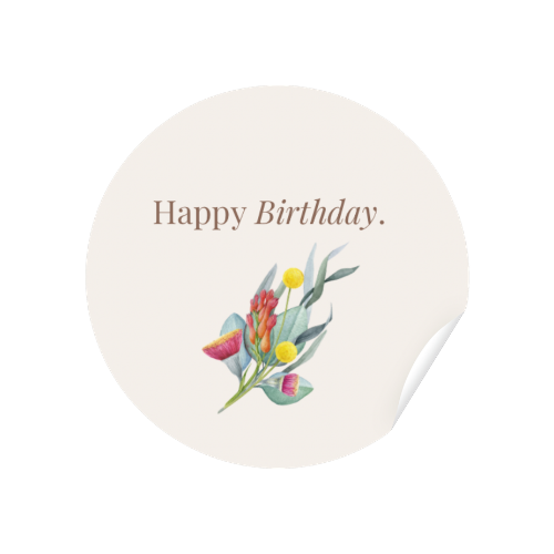 Round white sticker with floral design and 'Happy Birthday' text on a white background