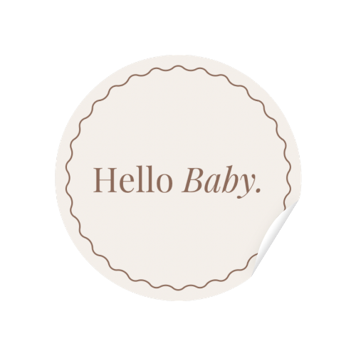 Round white sticker with 'Hello Baby.' text on a white background