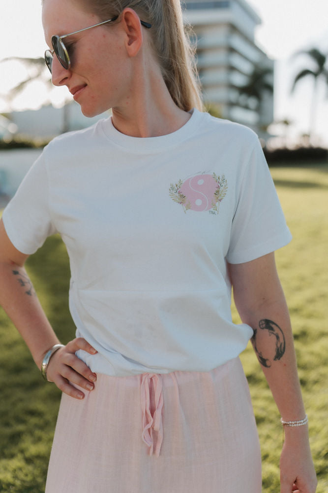 White yin yang nursing tee for breastfeeding and postpartum mums