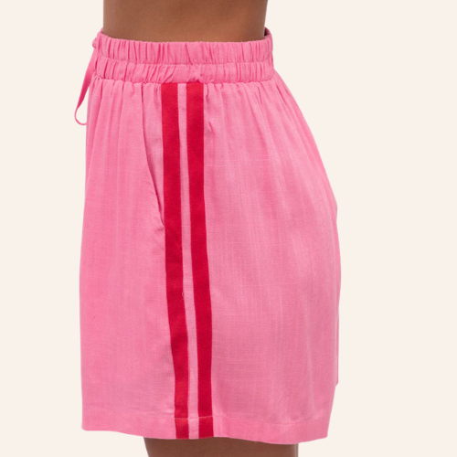 Pink high waist shorts for maternity and postpartum with breathable rayon-linen fabric